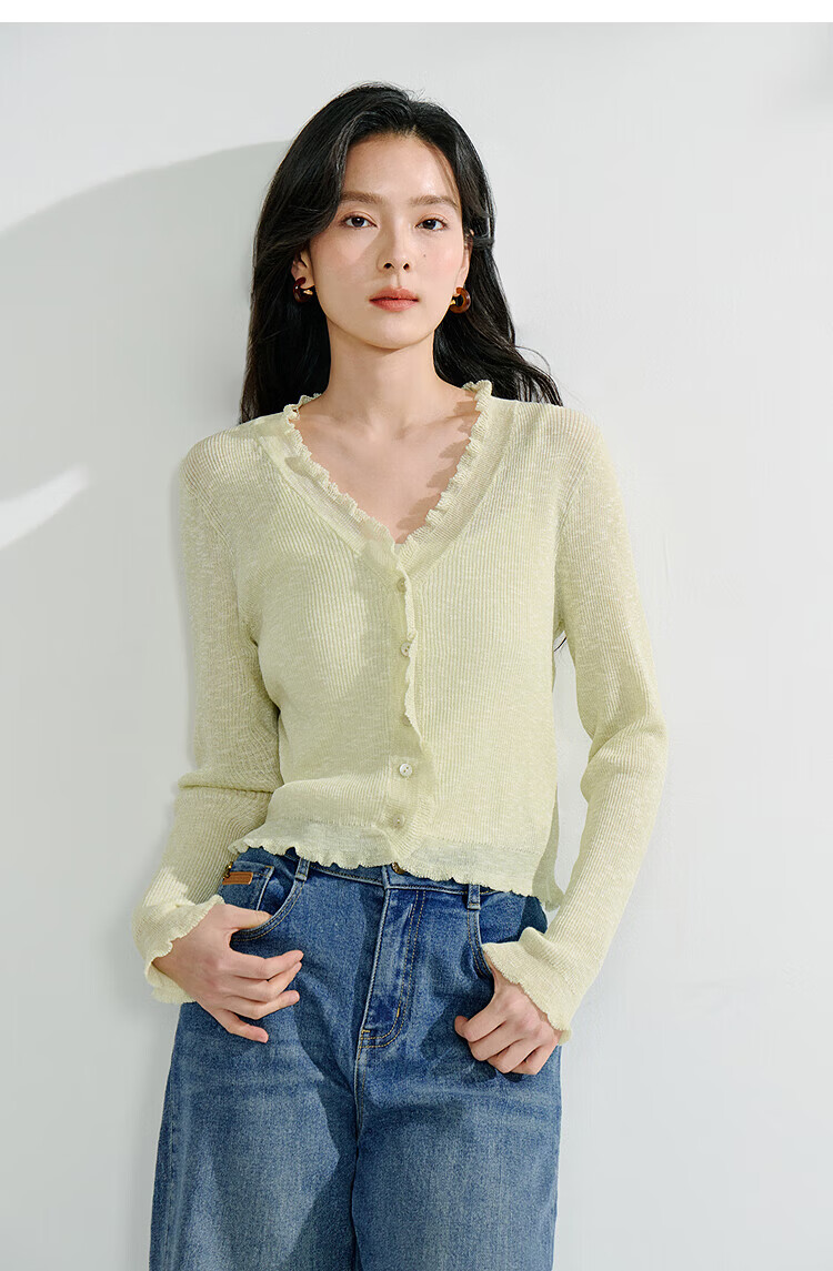 Inman Lotus Leaf V-Neck Lightweight Knit Cardigan Slim Fit Long Sleeve Top Vacation Style 31